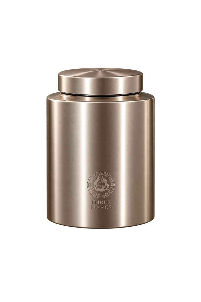 A brushed metallic cylindrical container with a matching lid, featuring an embossed circular logo and the text 'THREE HARES' on the front, shown on a plain white background.